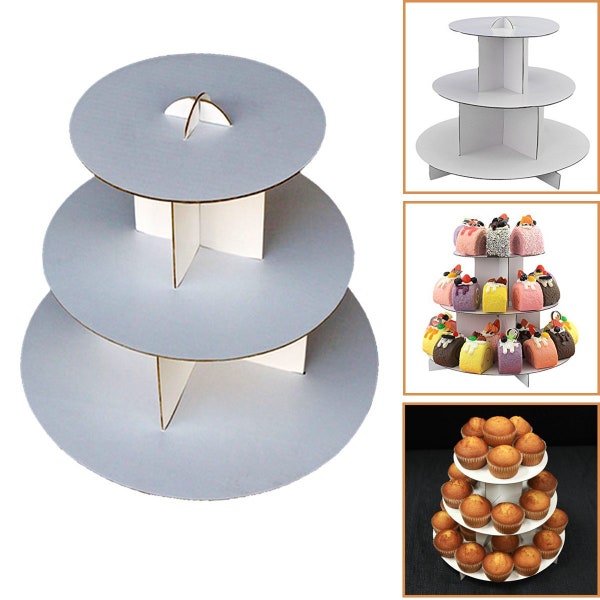 3-Tier White Round Cardboard Cupcake Stand Dessert Tower Treat Stacked Pastry Serving Platter Food Display (Pkg of 1)