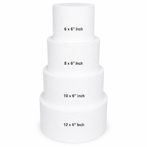 May include: A stack of four white foam cake dummies in graduated sizes. The sizes are labeled: 6 x 6 inch, 8 x 6 inch, 10 x 6 inch, and 12 x 6 inch. The dummies are cylindrical and have a textured surface.