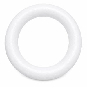 May include: A circular wreath form made of white expanded polystyrene foam. The object features a smooth, rounded profile with a consistent texture throughout its entire surface, forming a complete ring shape with a hollow center for crafting.