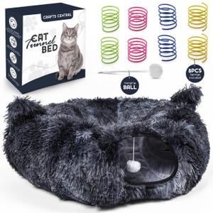 Cat Tunnel bed for Indoor Cats - Cat Cave Kitty Ears Design - Cat Tunnel Donut with Hanging Ball & 8 Cat Springs