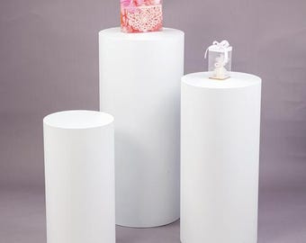 White Metal Cylinder Pedestal Stands -3 Pieces Stands - White Party Stands for Wedding Party, Babyshower and Events -36''(L),30''(M),24''(S)