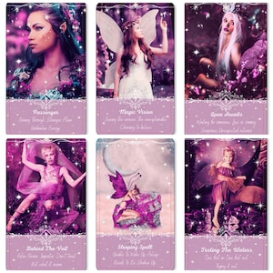 Peut inclure: Un jeu de 6 cartes d'oracle avec un schéma de couleurs rose et violet. Chaque carte représente une fée avec des ailes et un titre. Les titres sont : Passager, Vision Magique, L'Amour Attend, Derrière Le Voile, Sort Dormant, et Tester Les Eaux.