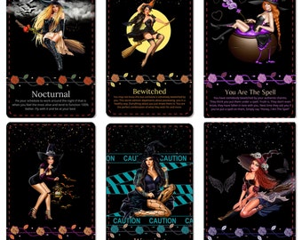Può includere: Un set di dieci carte illustrate con streghe in varie pose. Ogni carta ha uno sfondo nero con un bordo di rose rosa e un titolo in testo bianco. I titoli sono: Notturno, Incantata, Tu sei l'incantesimo, Strega furtiva, Avvertimento, Squadra di spiriti, Il calderone, La scopa, La pozione e L'incantesimo.