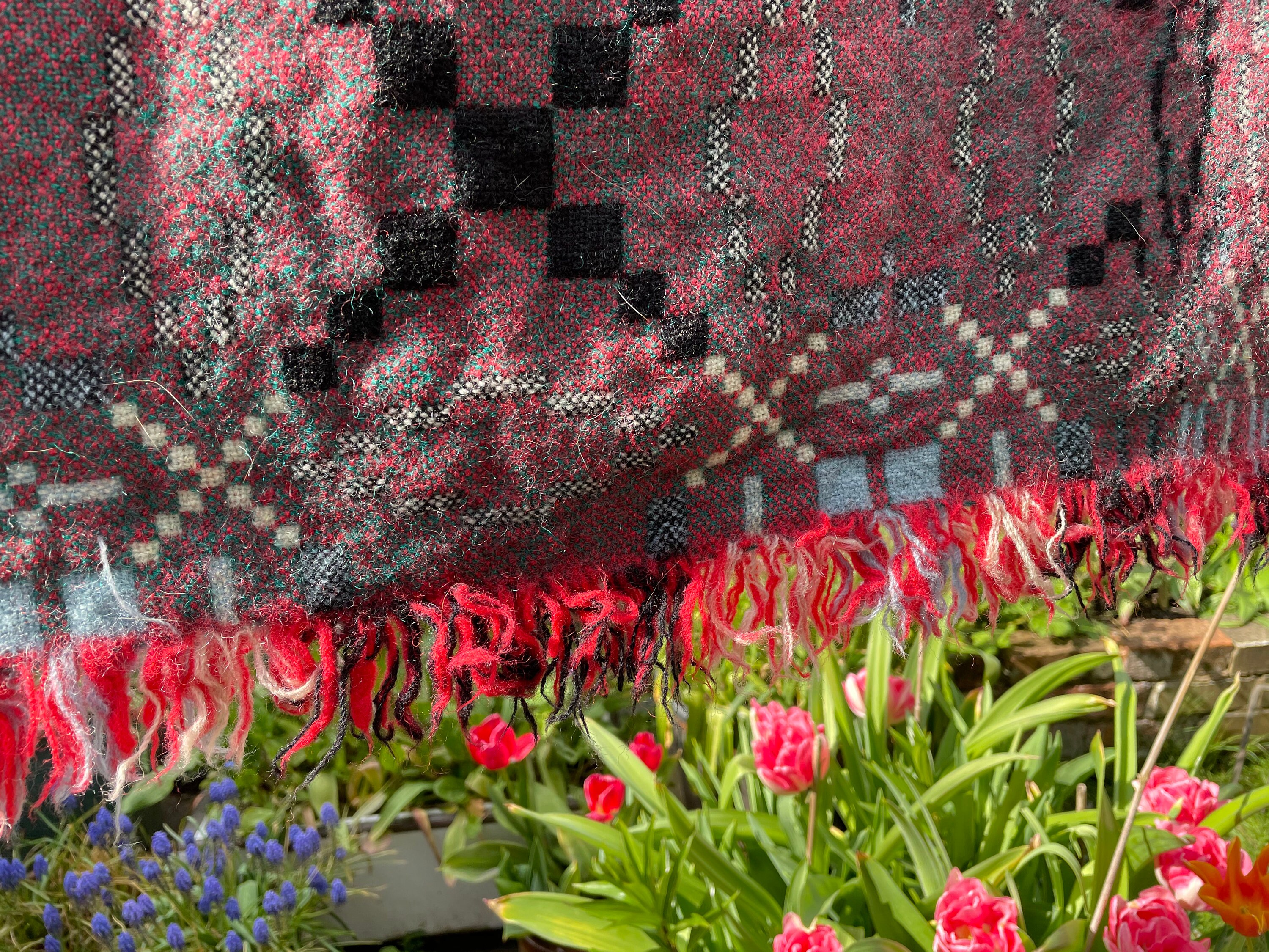 Traditional Welsh Tapestry Blanket Grey, White, Red, Baby Blue and