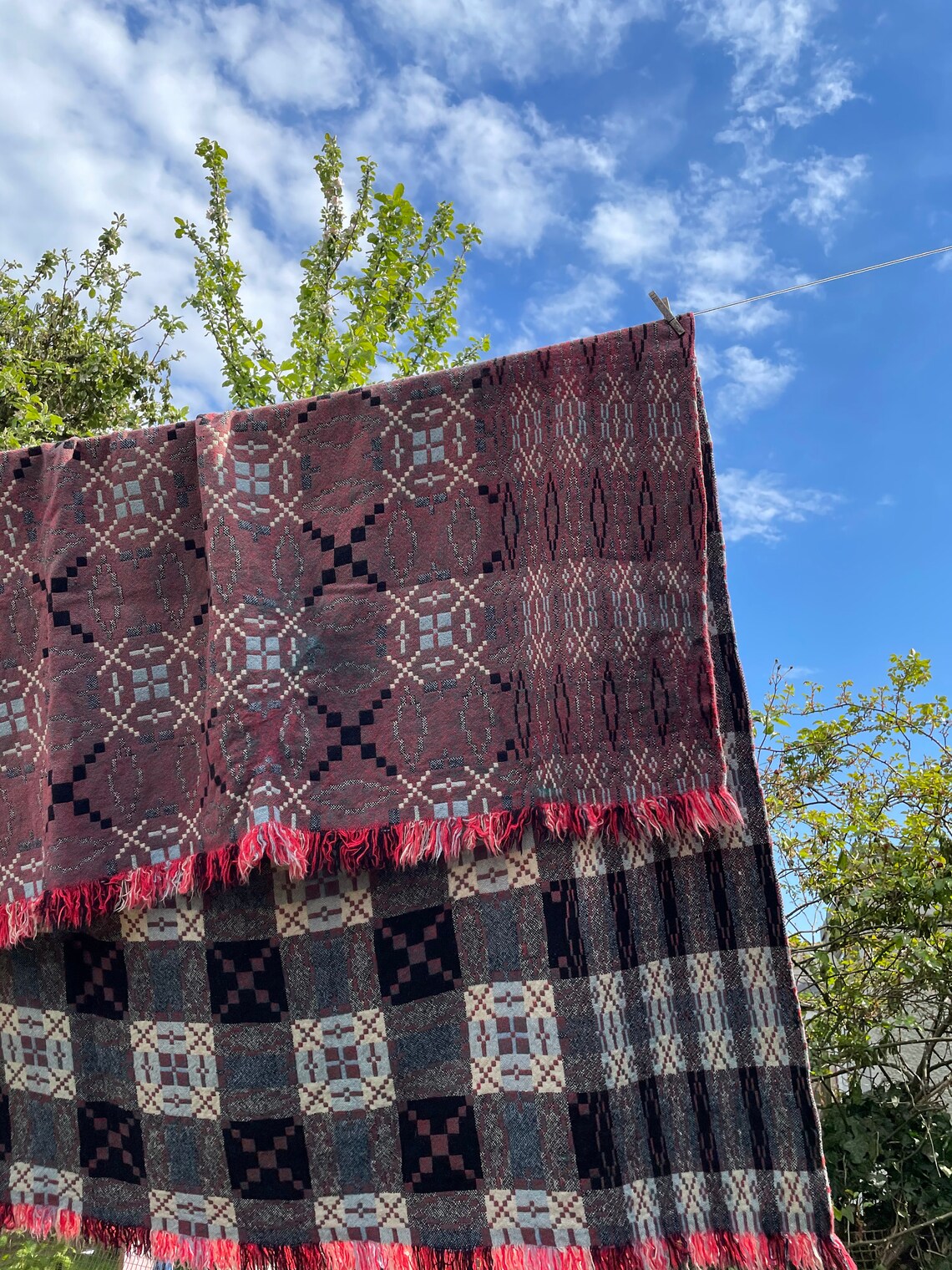 Traditional Welsh Tapestry Blanket Grey, White, Red, Baby Blue and