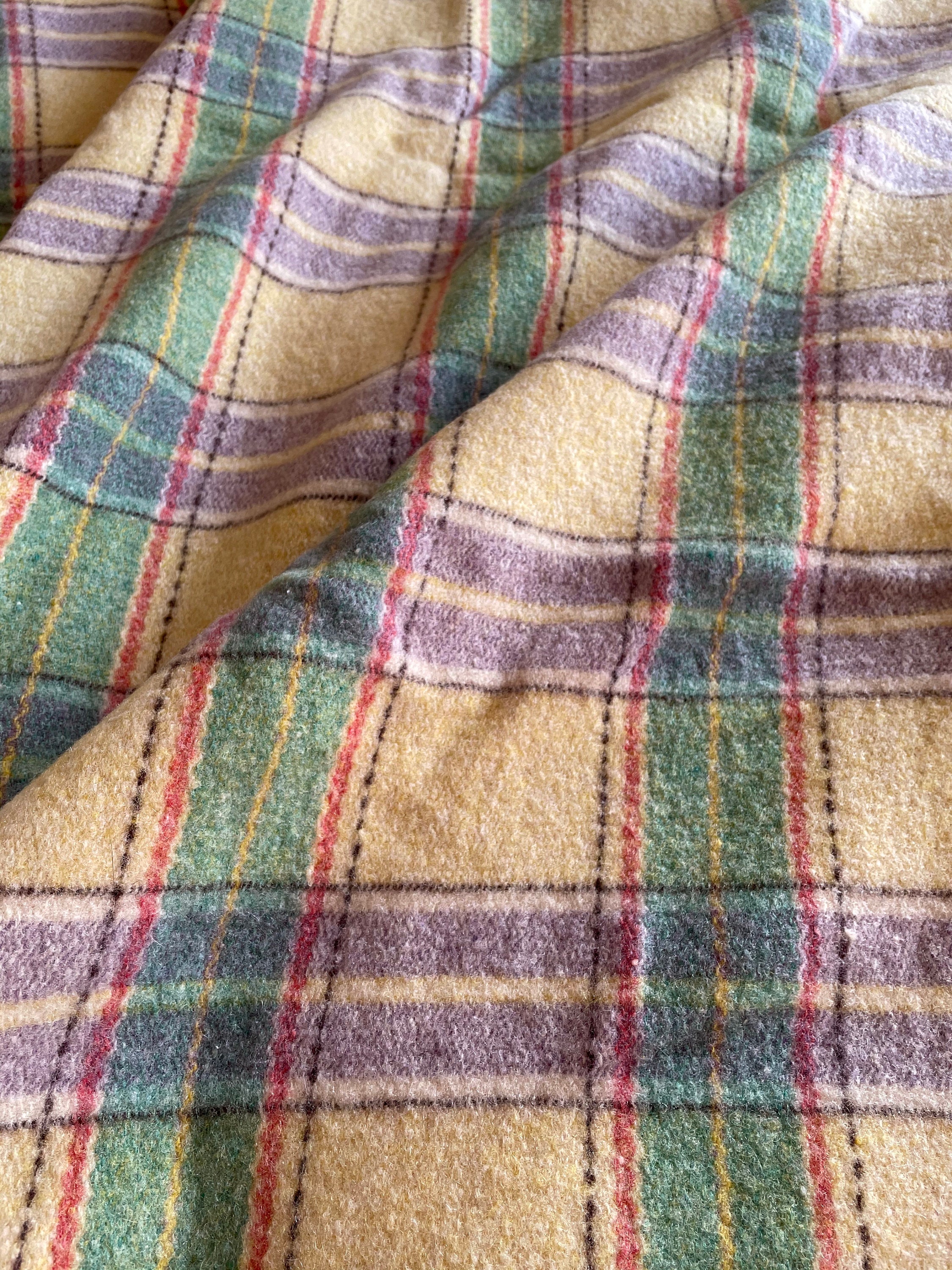 Gwili Mills Traditional Vintage Welsh Wool Blanket Carthen in Primrose, Blackcurrant, Green, Red