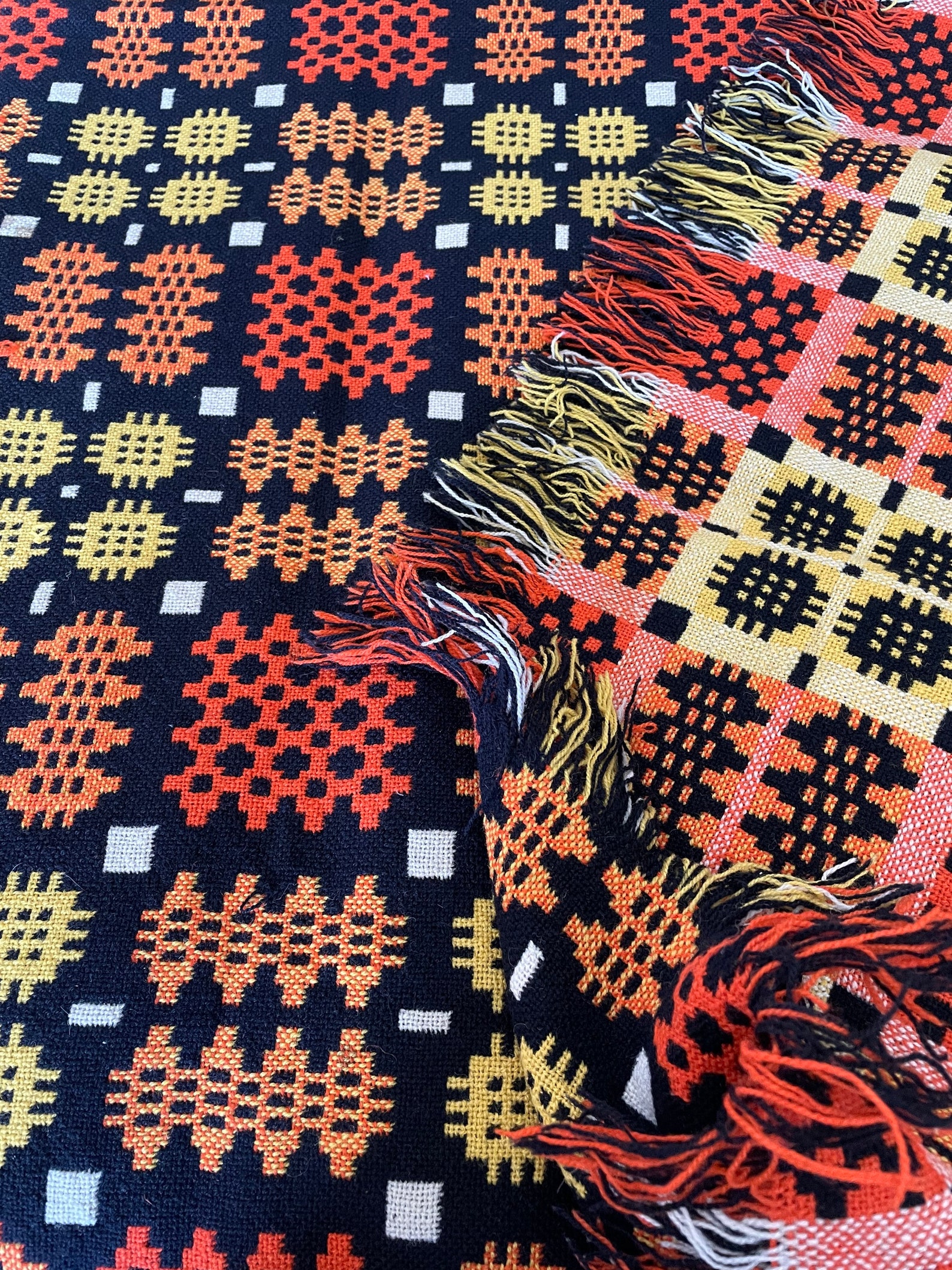 Traditional Welsh Tapestry Fringed Blanket in Shades of Orange, Yellow