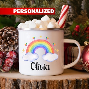 Personalized Rainbow Kids Enamel Mug, Tin Camping Mug, Kids Christmas Gift Idea, Unbreakable Kids Mug, Kid Hot Cocoa Mug, Gift for Daughter