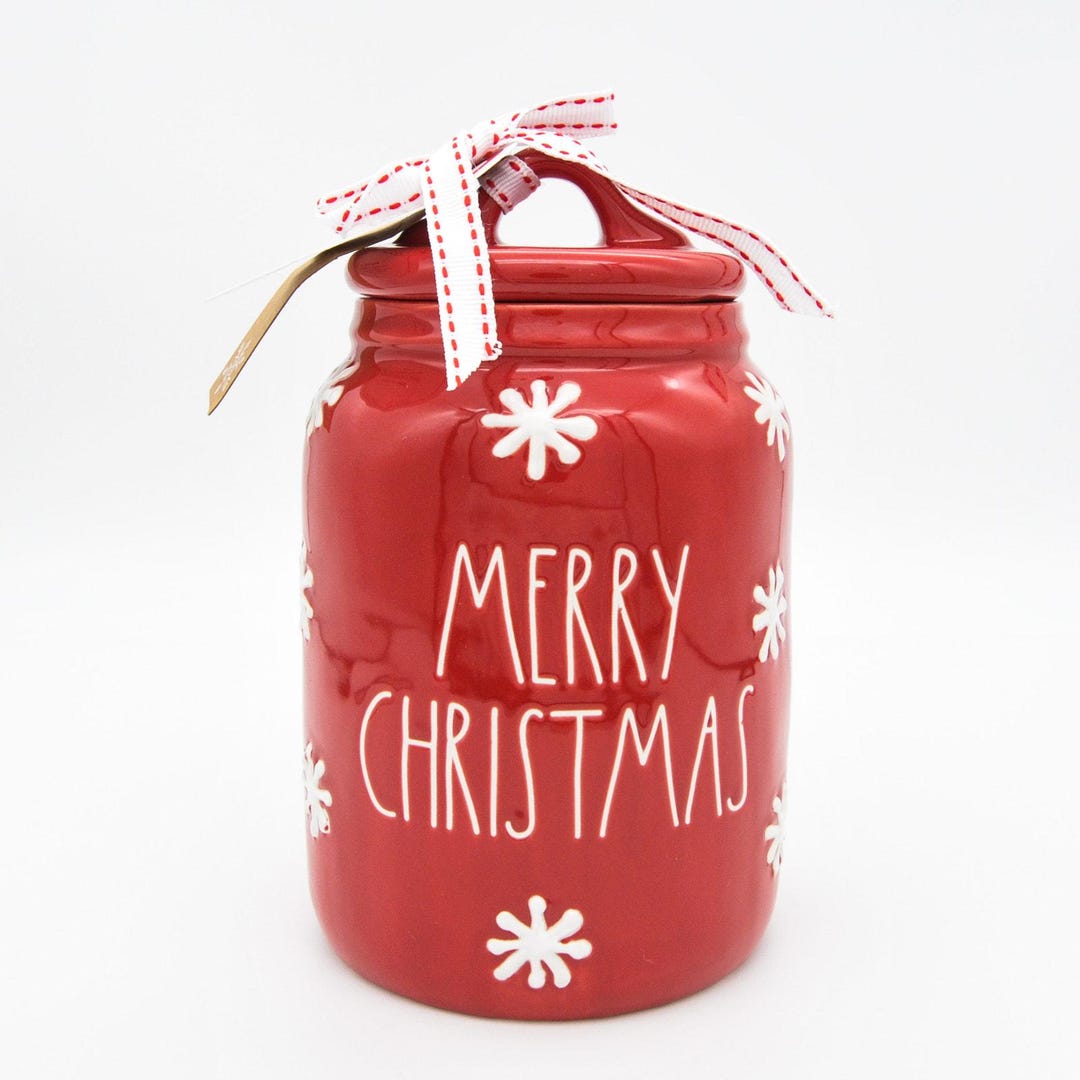 Red Rae Dunn Christmas Jar, Merry Christmas Ceramic Candy Canister