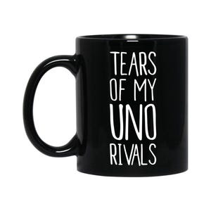 Caneca engraçada Uno, Lágrimas dos meus rivais Uno, presente para jogadores de jogos de cartas, copo preto de 11 onças ou 15 onças