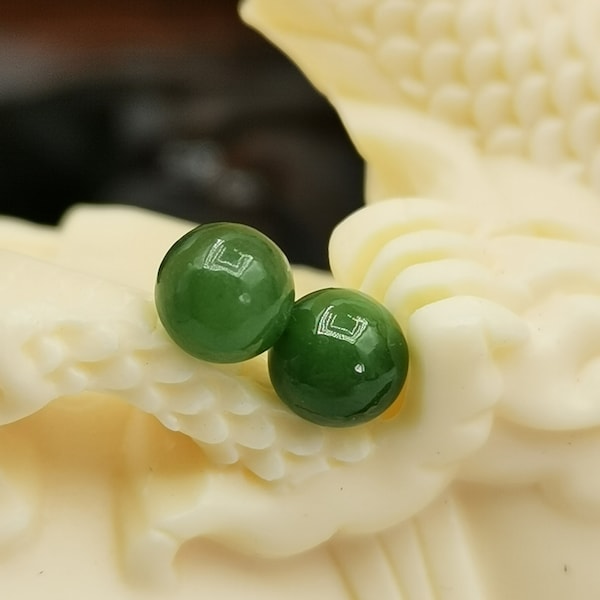6MM+  Green Jade and white jade Earring| Ball stud Earrings | Silver Needle