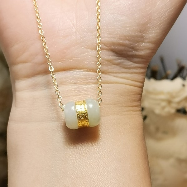 24K Gold with white Jade Lucky Pendant Necklace | 14K Gold plate chain