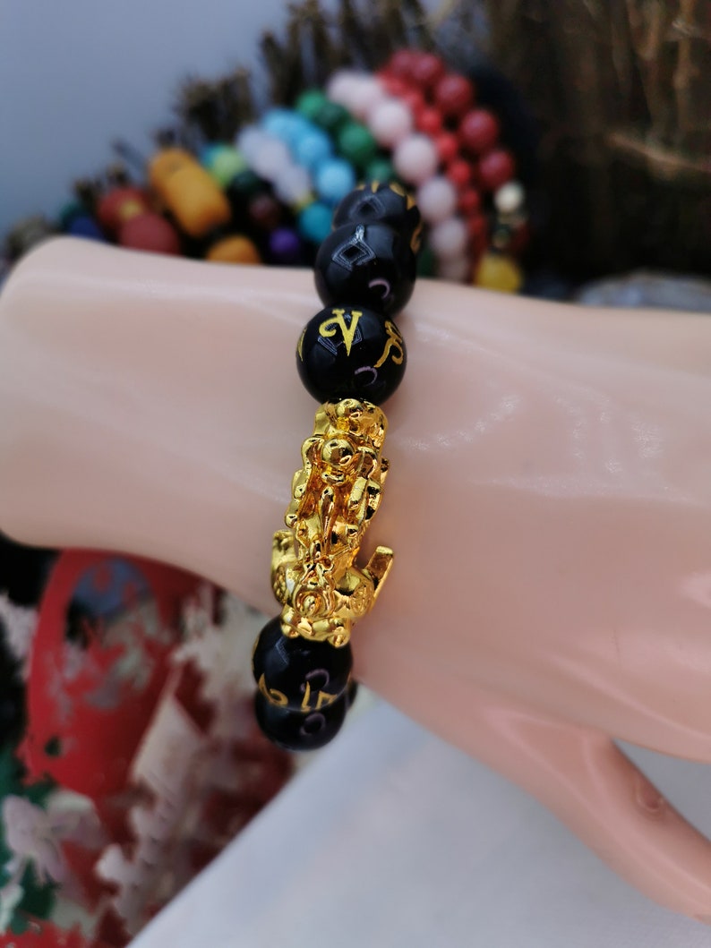 Pixiu Bracelet With 14mm 10mm Beads Black Obsidian Good Etsy Canada