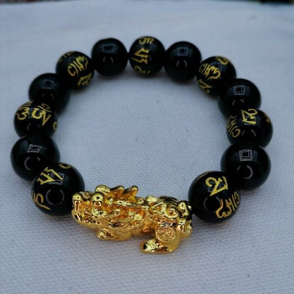 Pixiu Bracelet with 14mm+ 10mm + beads Black Obsidian | Good Luck, Wealth | Feng Shui| Wealth and Luck