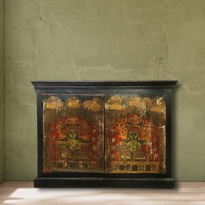 Traditional Tibetan cabinet | Vibrant Red and Gold Hand-Painted Wooden Storage | Rustic Farmhouse Decor Furniture | Vintage Sideboard