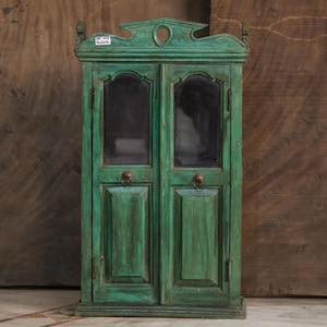 Antique Green Wooden Display Cabinet with Glass Doors – Rustic Vintage Storage Cupboard – Handcrafted Distressed Furniture for Home Décor