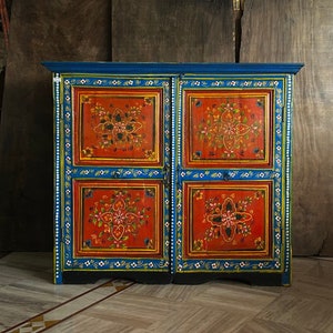 Vintage Hand Painted Cabinet | Artistically Painted Cabinet Nightstand | Indian Furniture | Wide Storage Eclectic Cupboard | Wooden Armoire