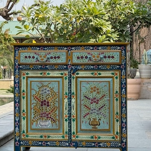 Vintage Hand-Painted Indian Cabinet with Floral Design, Ethnic Style Sideboard, Unique Home Decor, Wooden Cupboard Storage Solution