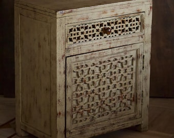Vintage Distressed Mango Wood Nightstand: Rustic Carved Bedside Table