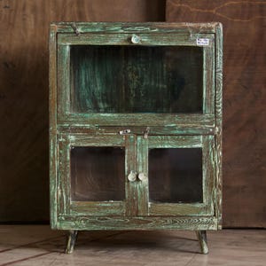 Vintage Style Green Wooden Cabinet with Glass Doors – Rustic Farmhouse Entryway Storage, Unique Sideboard, Shabby Chic Accent Furniture