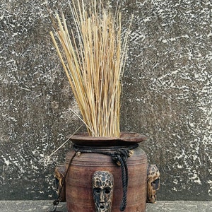 Antique Handcrafted Wooden Vase with Tribal Mask Carvings | Vintage Home and Garden Decor | Unique Wooden Vase | Housewarming & Wedding Gift