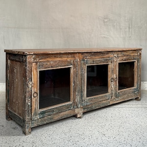 Rustic Distressed Farmhouse style Wooden Cabinet | Vintage Reclaimed Wood Sideboard | Antique Storage Console with Glass Doors | Home Decor