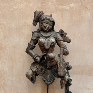 Original Antique Wooden Statue of Indian Dancing Women with Ancient Musical Instruments| Vintage Home Decor | Gift| Housewarming Gift
