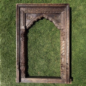 Vintage Ethnic Carved Arch Mirror Frame Jharokha - Handmade Rustic Wood Mirror Frame, Handcarved Indian Wooden Wall Decor, Home Decor