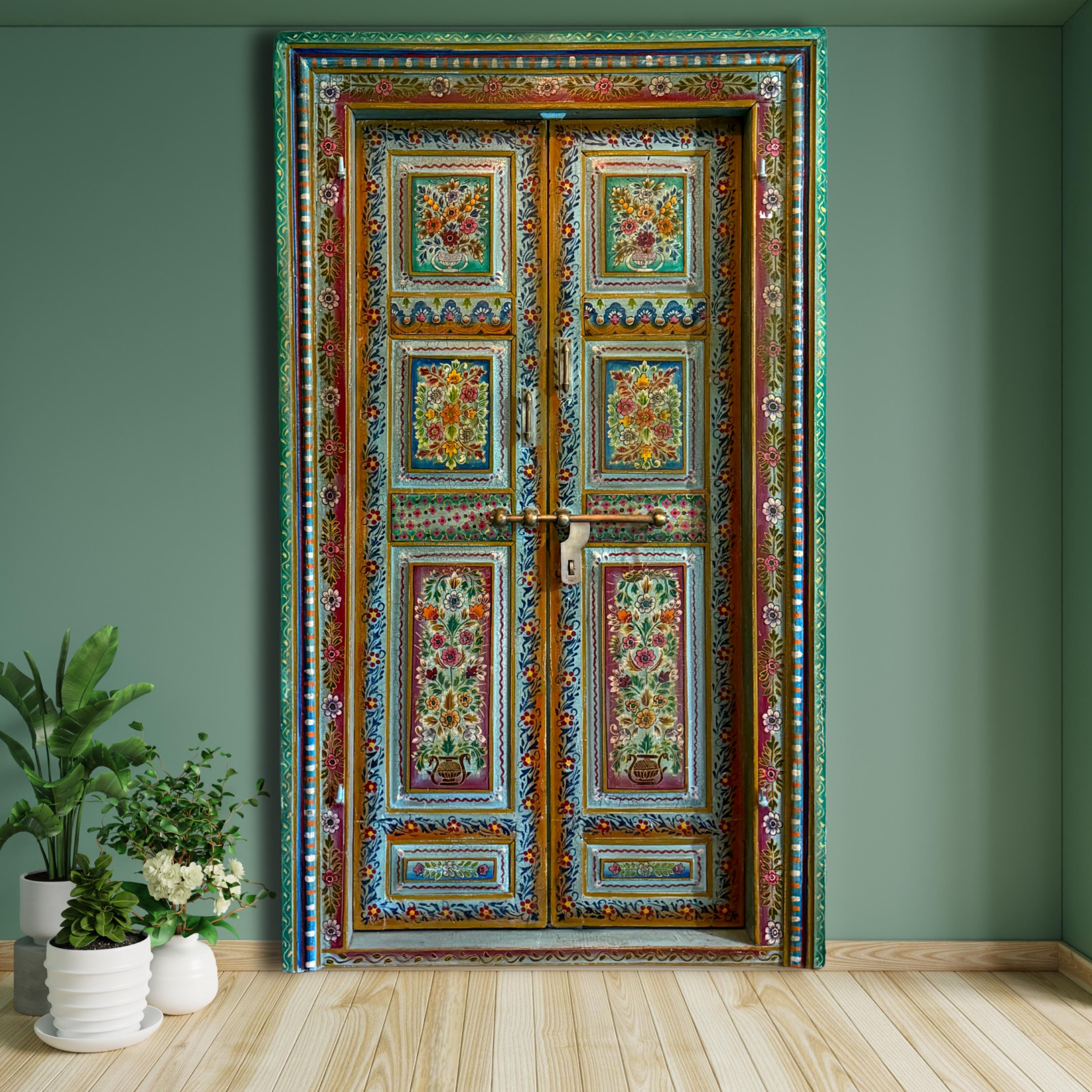 Hand-painted Vintage Teak Door: Bohemian Floral Indian Entrance - Etsy