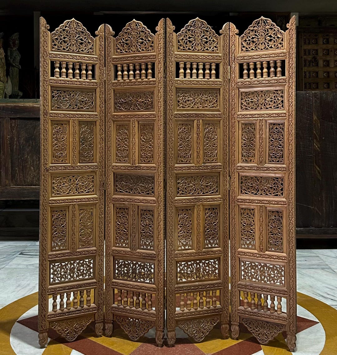 Handcrafted Wooden Room Divider: Antique Carved 4-panel Privacy
