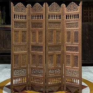 Unique Handcrafted Wooden Room Divide | Antique 4-panel Privacy Partition Screen, Intricate Carving Wood Home Decor, Jali Panels