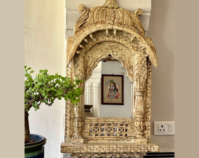 Antique Handmade Wooden Jharokha Window Frame With Mirror Wall Hanging