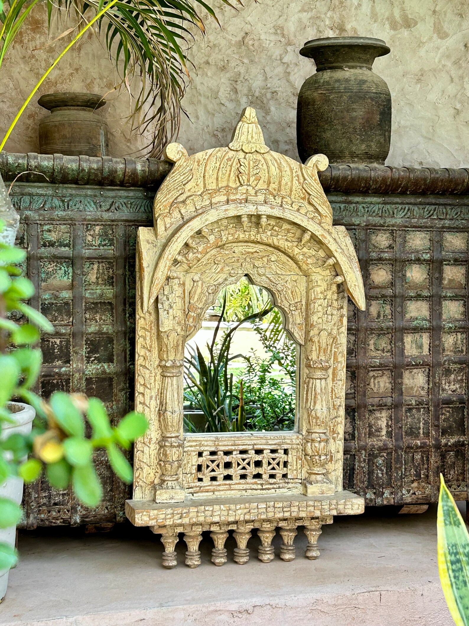 Antique Handmade Wooden Jharokha Window Frame With Mirror Wall Hanging Home Decor Vintage Indian ...
