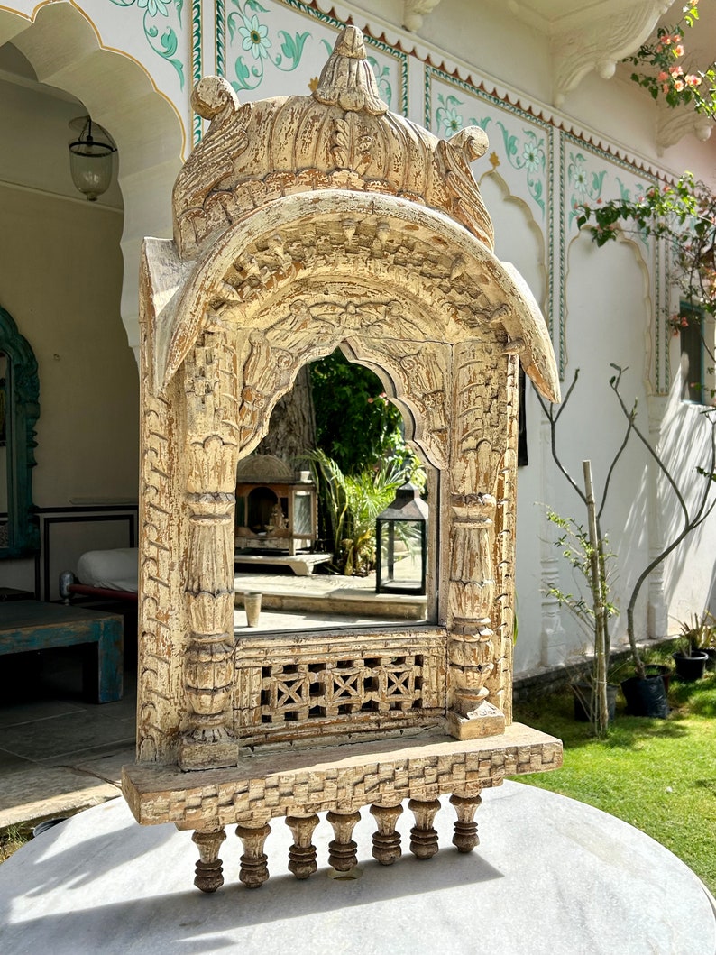Antique Handmade Wooden Jharokha Window Frame With Mirror Wall Hanging