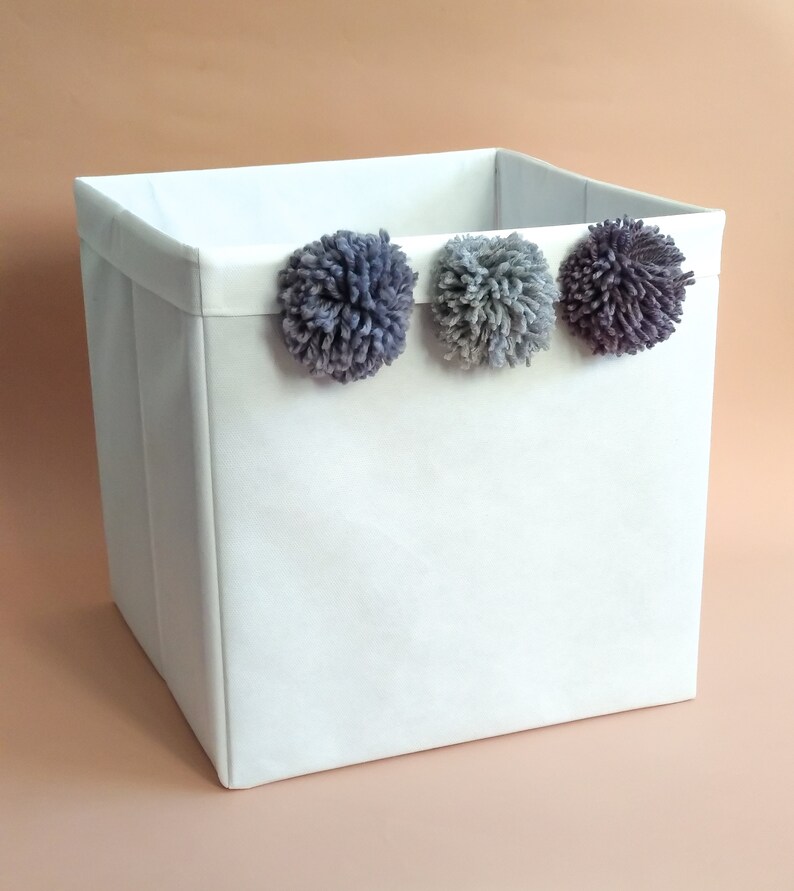Fabric Toy Storage Box with pompons. Pompom Kallax Bin. Etsy