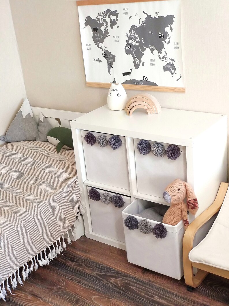 Fabric Toy Storage Box with pompons. Pompom Kallax Bin. Etsy