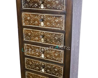 Inlay 6-Drawer Tallboy Dresser Wood Inlaid Chest