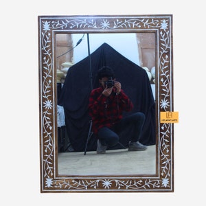Wood Mother Of Pearl Flower Design Brown Color Mirror Frame