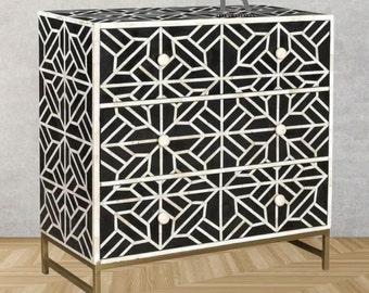 Luxury Bone Inlay 3 Drawer Dresser Black And White | Bone Inlay Sideboard | Living Room Dresser