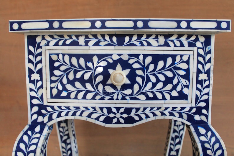 Handmade Bone Inlay Chest of 1 Drawer Bedside Table End Table Side Table Blue Modern Center Table Smart Table