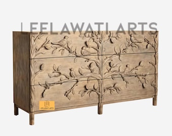 Hand Carved Solid Wood 6 Drawer Dresser | Luxury Sideboard Table Bird & Tree Relief Carved