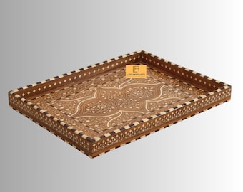 Handmade Wood Inlay Serving Tray Royal Home Bar Decor 24x18 Inch