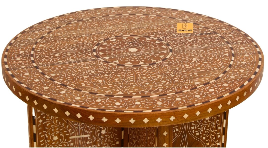 Handmade Bone Inlay Round Coffee Table Floral Inlaid Wood Accent Table ...
