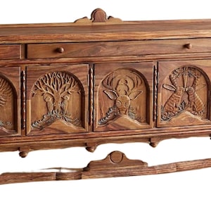 Wood Hand Carved Menagerie Buffet | Wildlife Hand Carved Buffet | Wood Inlay Hand carved Menagerie Buffet | Antique Carved Buffet