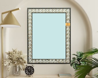 Mother of Pearl Inlay Mirror Frame Teak & Mango Wood, Brass Butterfly Clips