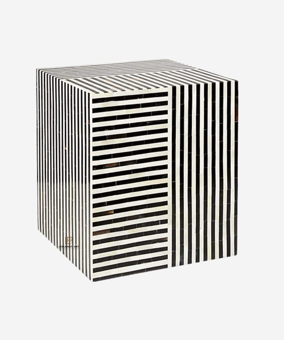 Black White Bone Inlay Strip Design Canter Table End Black White Bone Inlay Strip Design, Black And White Bone Inlay Side Table