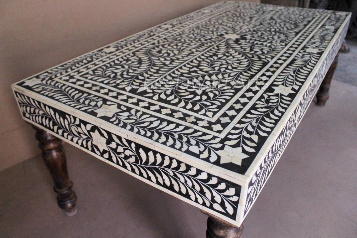 Bone Inlay Coffee Table Square Floral Design Black With Wood Etsy