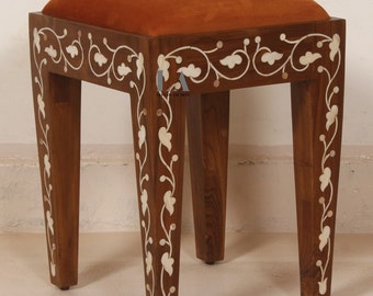 Perlmutt eingelegter Holzhocker Teak & Mango Holz Akzent Stuhl