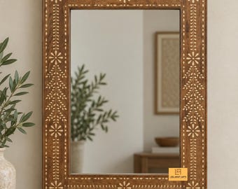 Italy【Wood Frame Mirror】木枠 象嵌 ウォールミラー Floral Wood Inlay Mirror Frame, Rectangle Wall Mirror, Handmade