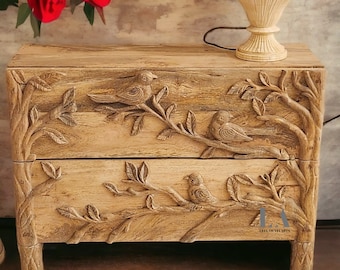 Hand Carved Ornithology 2 Drawers Dresser in Washed Grey | Luxury Custom Made Dresser